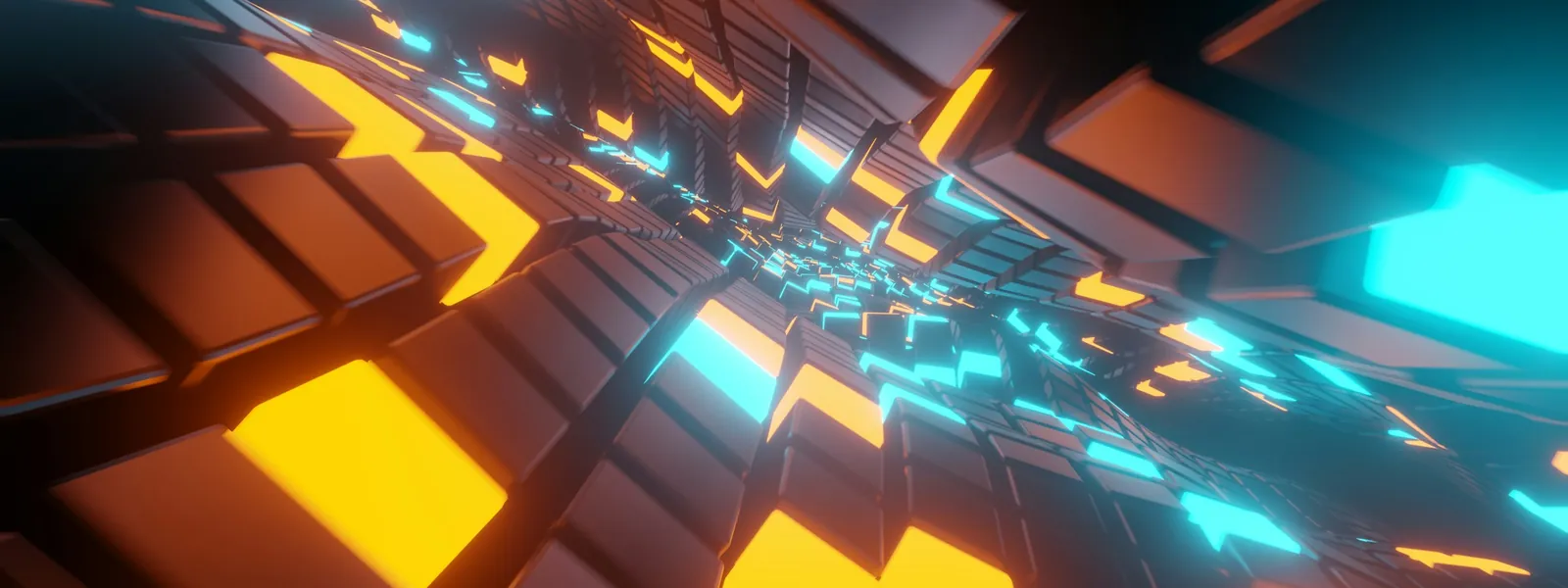 Abstract 3D render of a dark tunnel of blocks lit in cyan and gold, like data streaming through a control room.
