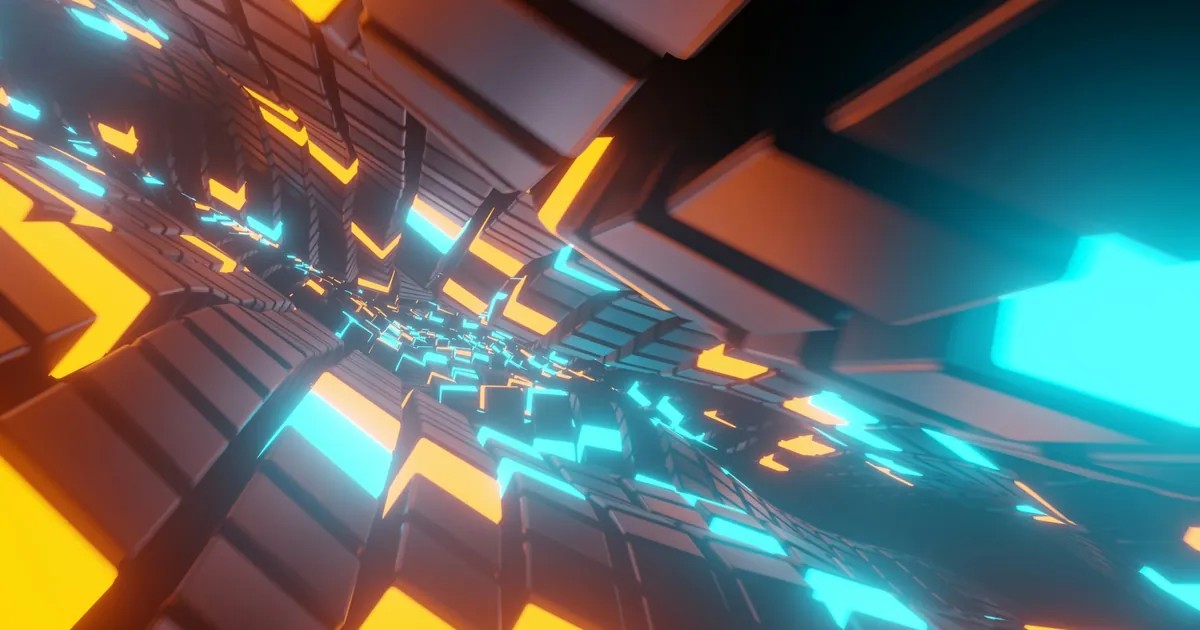 Abstract render of glowing cyan and gold blocks receding into darkness, suggesting work moving through a system.